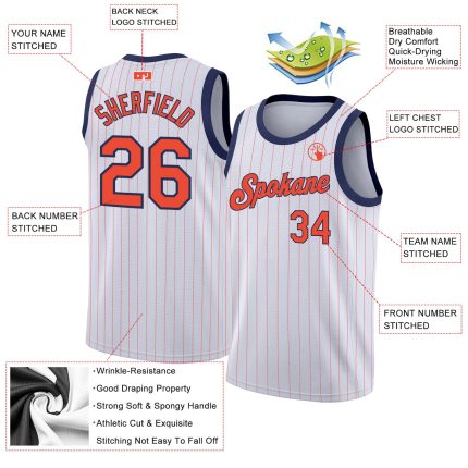 Custom Name and Number Personalized Orange-Navy Basketball Jersey White Orange Pinstripe Authentic Team Apparel Personalized