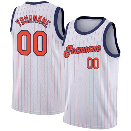 Custom Name and Number Personalized Orange-Navy Basketball Jersey White Orange Pinstripe Authentic Team Apparel Personalized