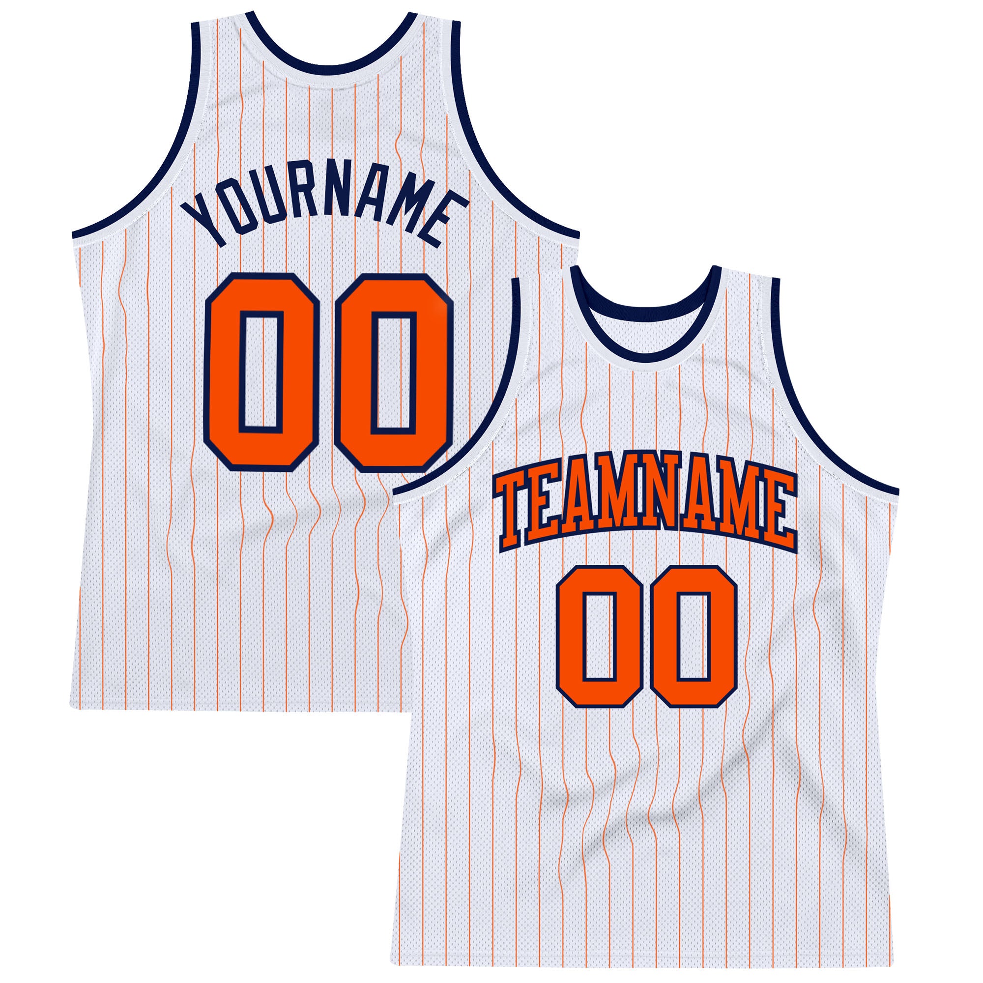 Personalized Authentic Basketball Jersey - White Orange Pinstripe, Orange-Navy Personalized White Orange Pinstripe Orange-Navy