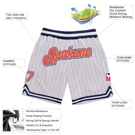 Custom Orange-Navy Basketball Shorts with Name and Number - Personalized White Orange Pinstripe Team Gear Personalized White