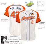 Customizable Baseball Jersey with Personalized Name and Number, White Orange Pinstripe, Authentic Orange-Navy Raglan Sleeves