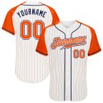 Customizable Baseball Jersey with Personalized Name and Number, White Orange Pinstripe, Authentic Orange-Navy Raglan Sleeves