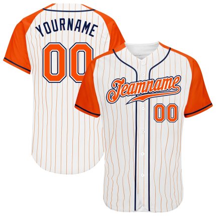 Customizable Baseball Jersey with Personalized Name and Number, White Orange Pinstripe, Authentic Orange-Navy Raglan Sleeves