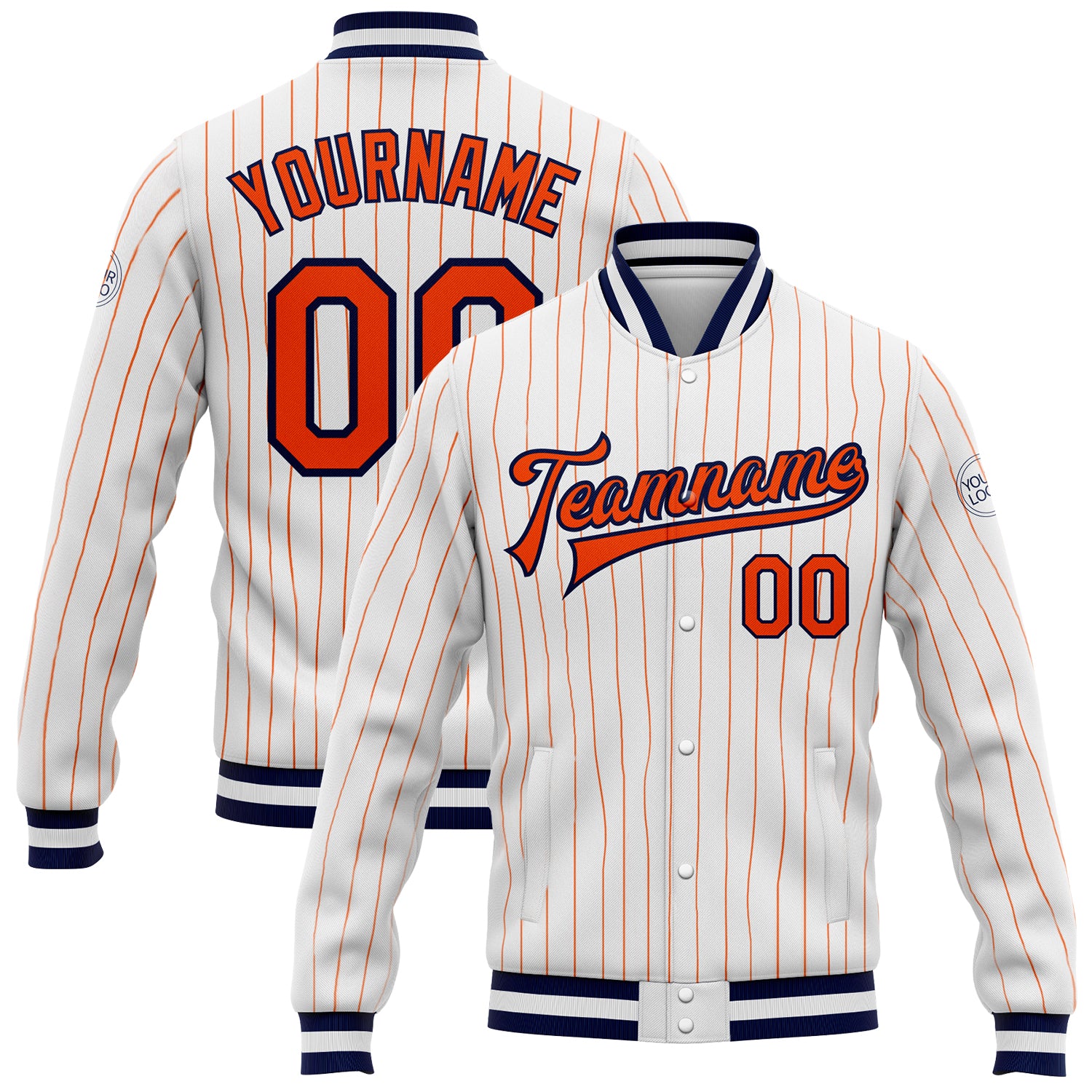 Custom Name Number White Orange Pinstripe Varsity Bomber Jacket Full-Snap Letterman for Team - Personalized Apparel Personalized