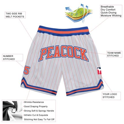 Custom Team Basketball Shorts with Personalized Name and Number, White Orange Pinstripe, Authentic Orange-Royal Design Personalized