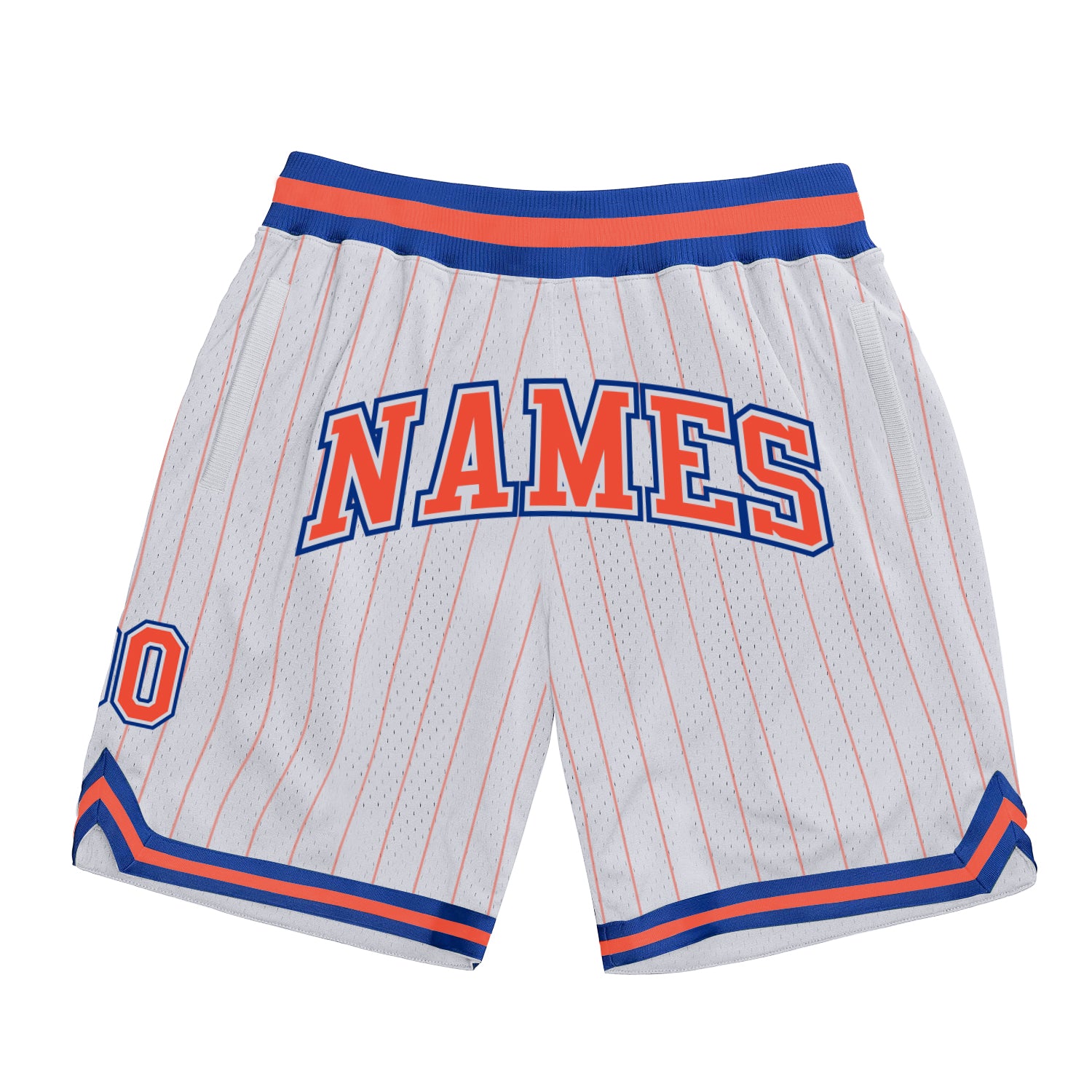Custom Team Basketball Shorts with Personalized Name and Number, White Orange Pinstripe, Authentic Orange-Royal Design Personalized