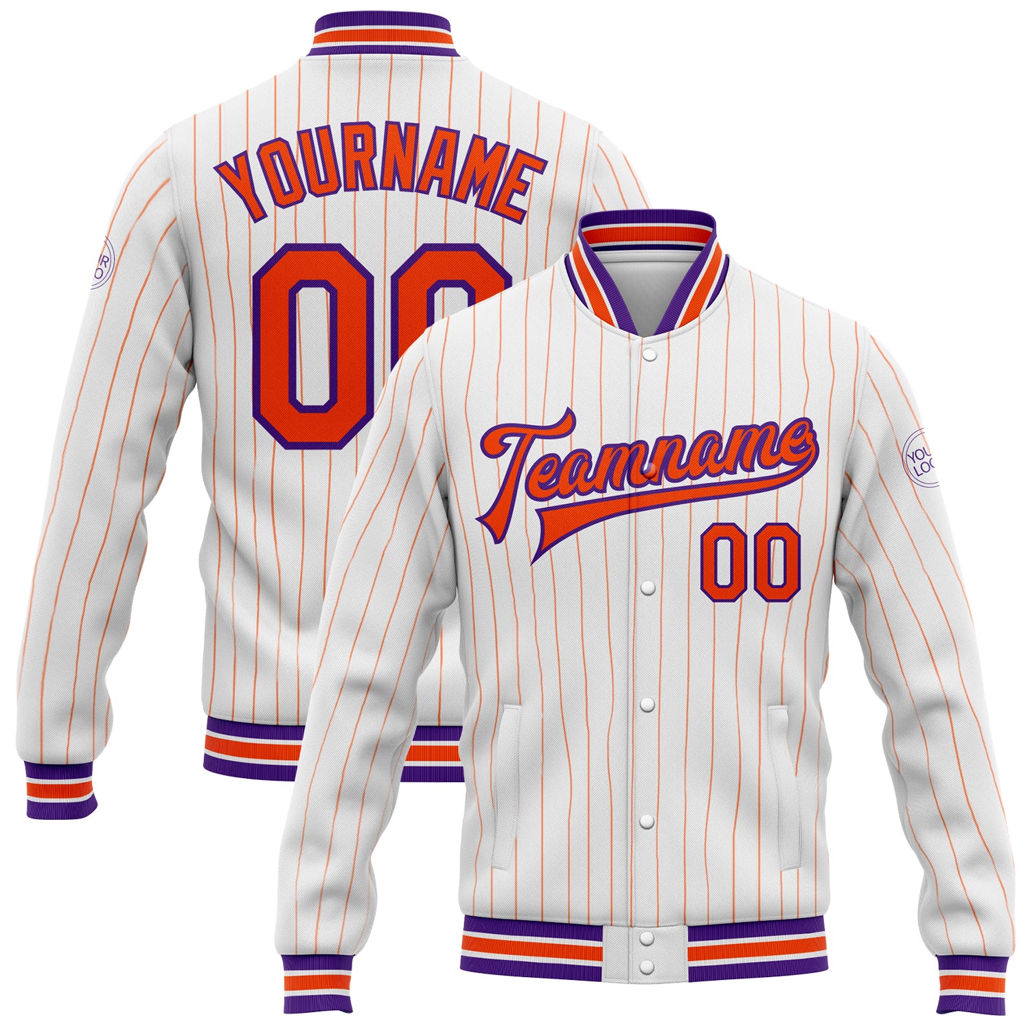 Custom Name Number Purple Bomber Jacket Personalized White Orange Pinstripe Full-Snap Varsity Letterman Jacket Personalized