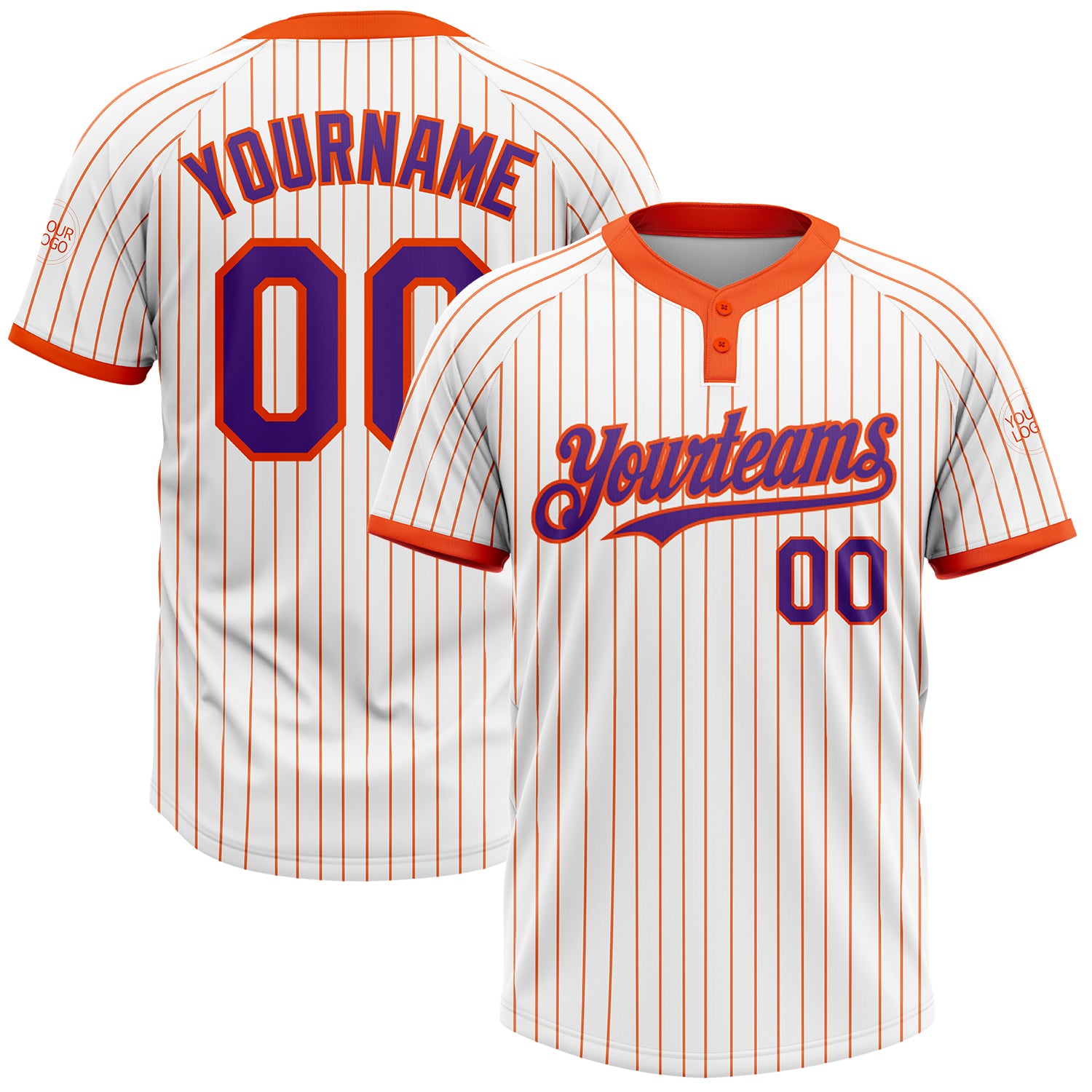 Custom Name and Number Unisex Softball Jersey - Personalized White Orange Pinstripe Purple Two-Button Design Personalized