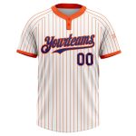 Custom Name and Number Two-Button Unisex Softball Jersey - Personalized White Orange Pinstripe Design Personalized White