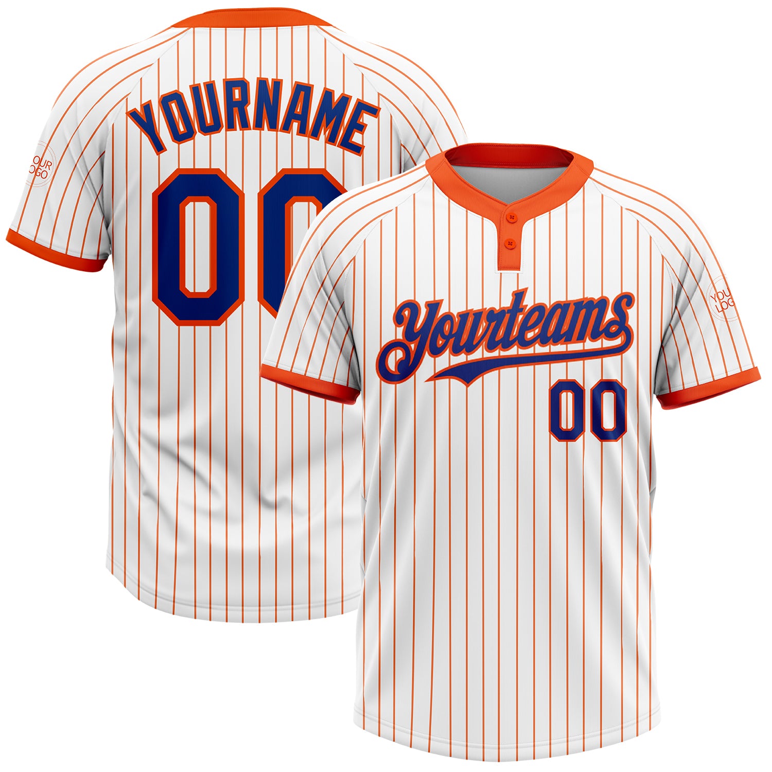 Custom Name and Number Two-Button Unisex Softball Jersey - Personalized White Orange Pinstripe Design Personalized White