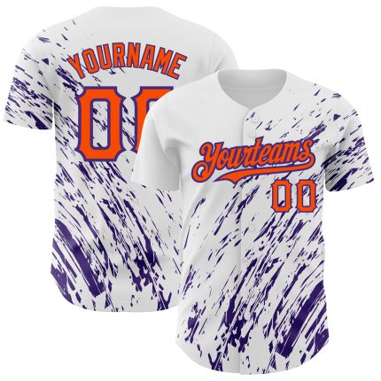 Customizable 3D Pattern Baseball Jersey, Authentic Splash Design in White, Orange, Purple - Personalized Name & Number Personalized