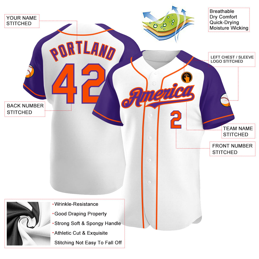 Personalized White Orange-Purple Authentic Raglan Sleeves Baseball Jersey Team Custom Name and Number Personalized Custom Name Number Baseball Jersey for Team - White Orange Purple Authentic Raglan Sleeves Personalized White - Image 3