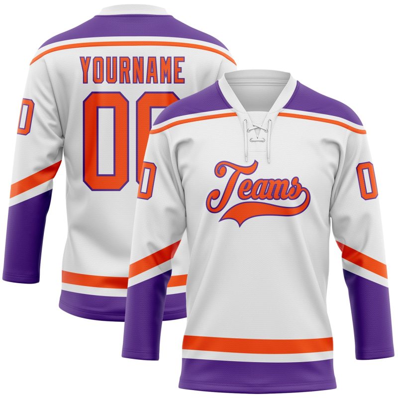 Custom Personalized Hockey Jersey with Name and Number - White Orange Purple Lace Neck Personalized White Orange-Purple Hockey