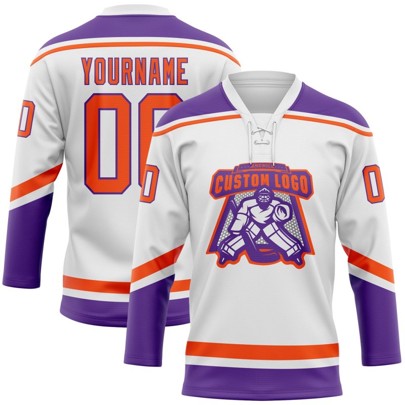 Custom Personalized Hockey Jersey with Name and Number - White Orange Purple Lace Neck Personalized White Orange-Purple Hockey