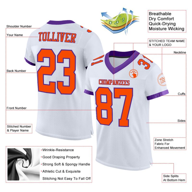 Customizable Football Jersey - Personalized Orange and Purple Mesh with Custom Name and Number Personalized White Orange-Purple