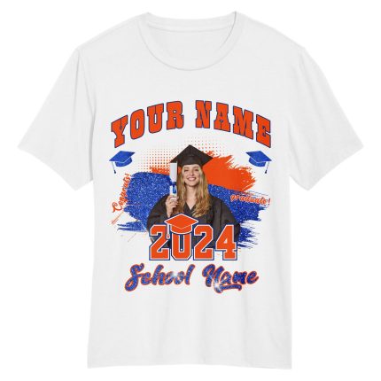 Custom Name and Number 3D Graduation Performance T-Shirt - Personalized White Orange-Royal Team Apparel Personalized White