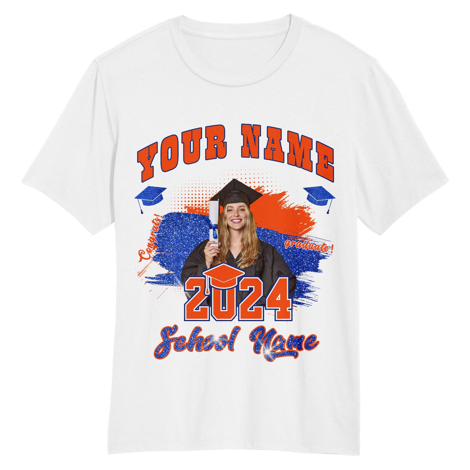 Custom Name and Number 3D Graduation Performance T-Shirt - Personalized White Orange-Royal Team Apparel Personalized White