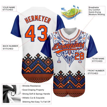 Custom Name and Number Personalized 3D Pattern African Ethnic Style Baseball Jersey - White Orange-Royal Design Personalized