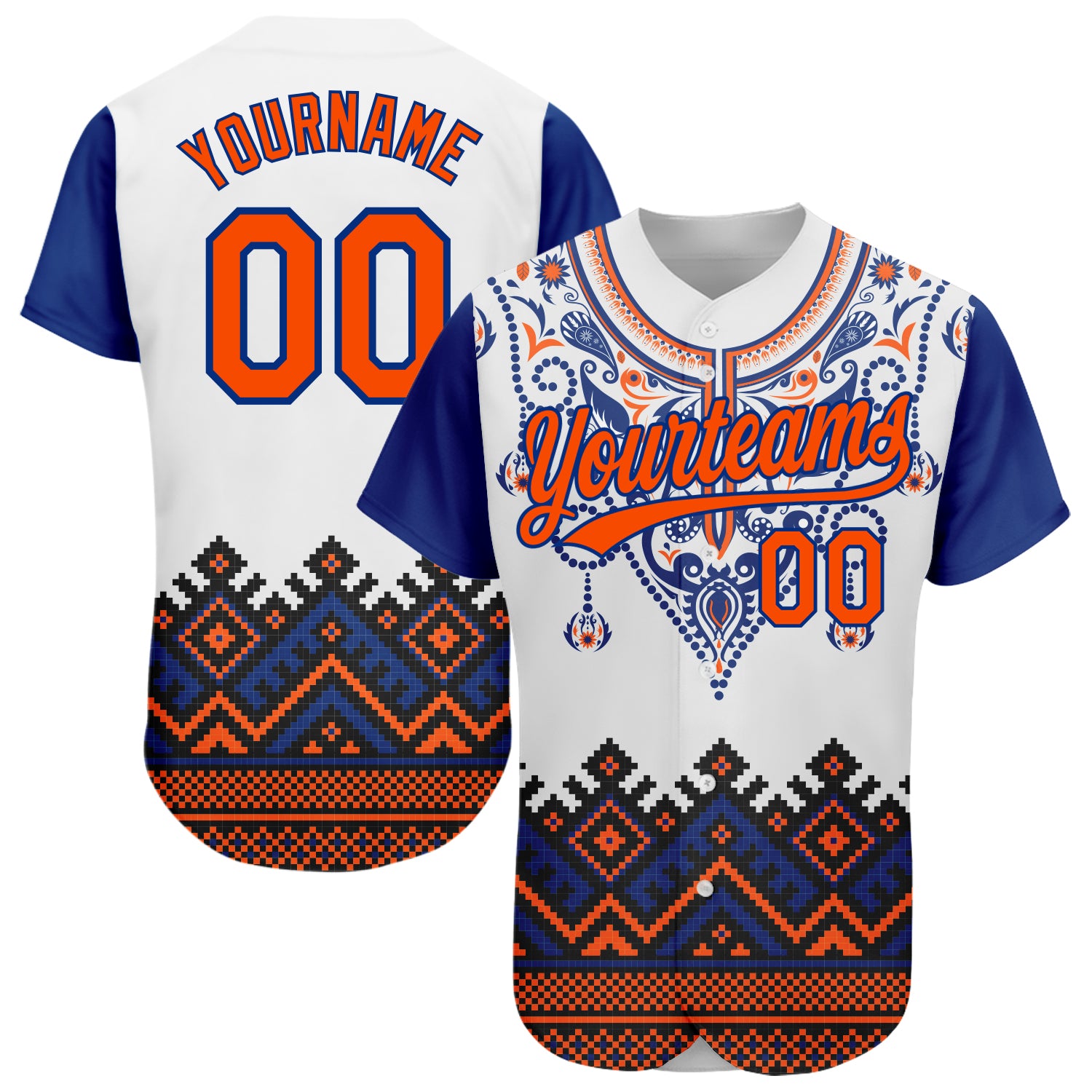 Custom Name and Number Personalized 3D Pattern African Ethnic Style Baseball Jersey - White Orange-Royal Design Personalized
