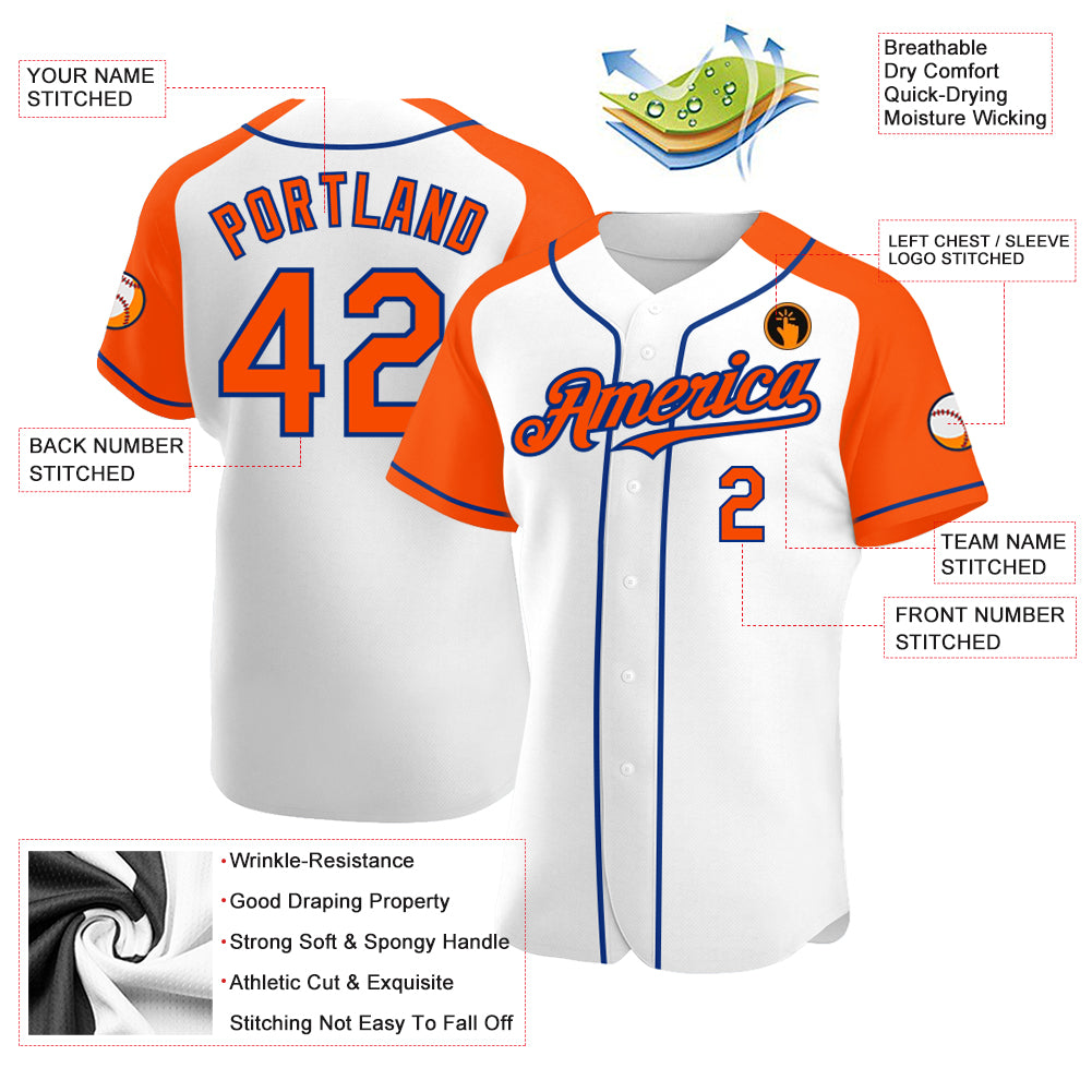 Personalized White Orange-Royal Authentic Raglan Sleeves Baseball Jersey Team Custom Name and Number Custom Name and Number Baseball Jersey, Personalized White Orange-Royal Authentic Raglan Sleeves Personalized White Orange-Royal - Image 3
