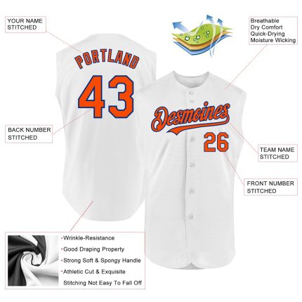 Custom Name and Number Personalized Baseball Jersey - White Orange-Royal Sleeveless Authentic Team Apparel Personalized White