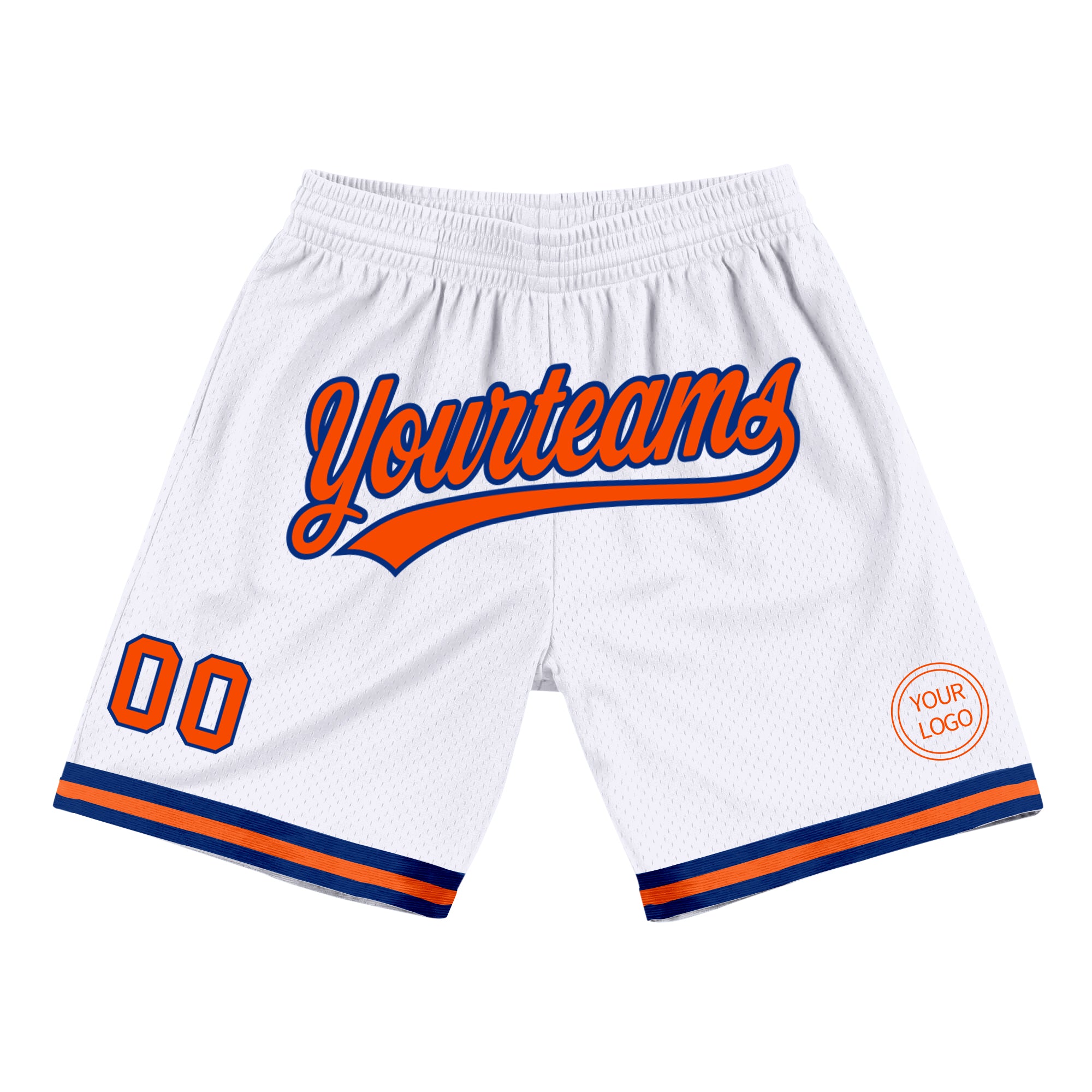 Personalized Authentic Basketball Shorts in White and Orange-Royal - Throwback Style Personalized White Orange-Royal Authentic