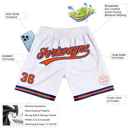 Personalized Authentic Basketball Shorts in White and Orange-Royal - Throwback Style Personalized White Orange-Royal Authentic
