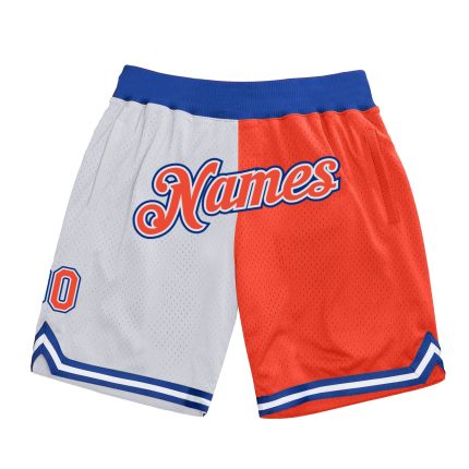 Personalized Custom Basketball Shorts with Team Name and Number - White Orange-Royal Authentic Throwback Split Design Personalized