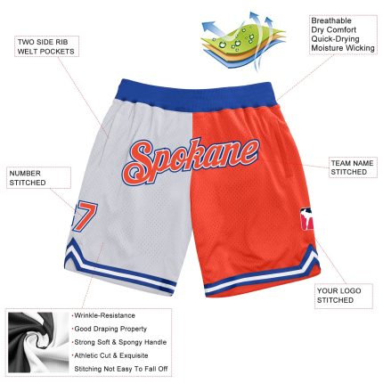 Personalized Custom Basketball Shorts with Team Name and Number - White Orange-Royal Authentic Throwback Split Design Personalized