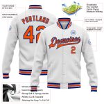Custom Name and Number Personalized Varsity Letterman Jacket - White Orange-Royal Bomber Full-Snap Style Personalized White