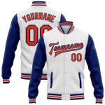 Personalized Two-Tone Varsity Letterman Bomber Jacket in White Orange-Royal Full-Snap Personalized White Orange-Royal Bomber