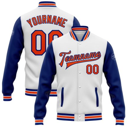 Personalized Two-Tone Varsity Letterman Bomber Jacket in White Orange-Royal Full-Snap Personalized White Orange-Royal Bomber