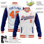 Custom Name Number Two Tone Varsity Letterman Bomber Jacket White Orange-Royal Full-Snap Personalized White Orange-Royal