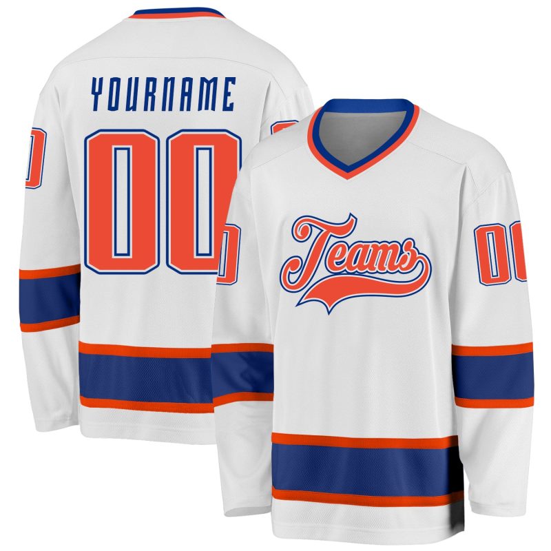 Custom Team Hockey Jersey - Personalized White Orange-Royal with Name & Number Personalized White Orange-Royal Hockey Jersey