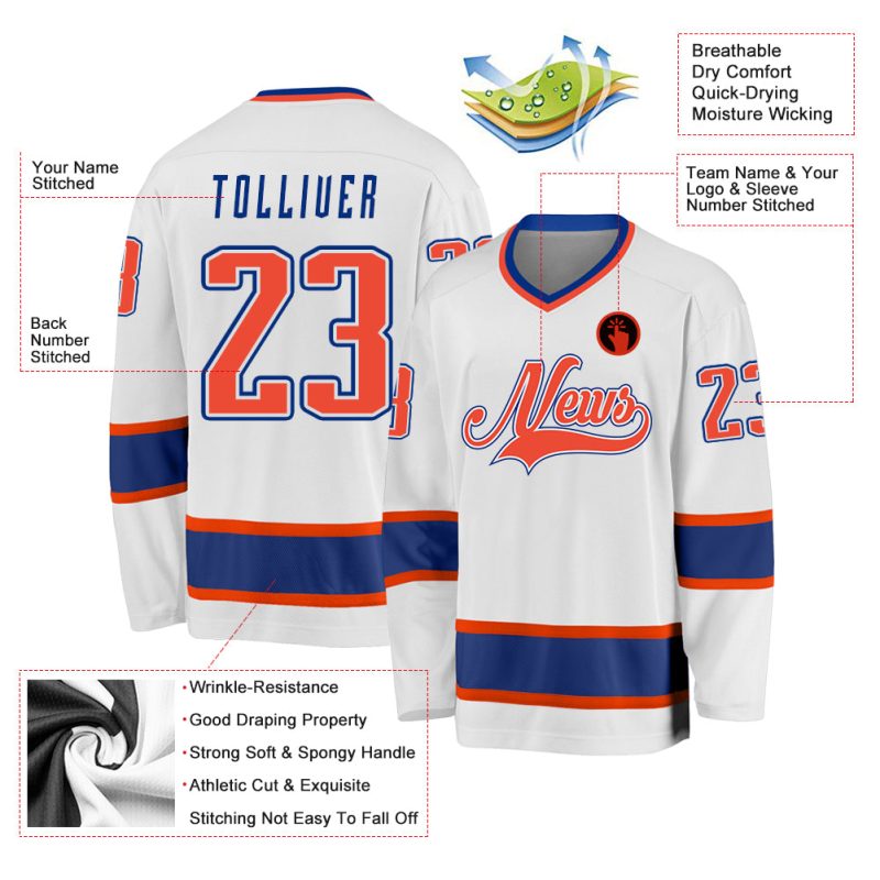 Custom Team Hockey Jersey - Personalized White Orange-Royal with Name & Number Personalized White Orange-Royal Hockey Jersey
