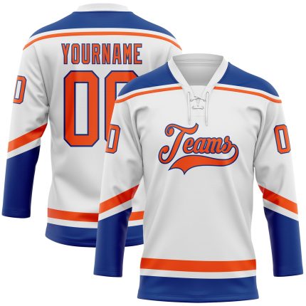 Custom Name and Number Hockey Jersey - Personalized Orange-Royal Lace Neck Team Jersey Personalized White Orange-Royal Hockey