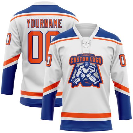 Custom Name and Number Hockey Jersey - Personalized Orange-Royal Lace Neck Team Jersey Personalized White Orange-Royal Hockey