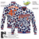 Custom Name Number 3D Leopard Print Varsity Jacket Bomber in White Orange-Royal Design Full-Snap Letterman Style Personalized