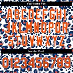 Custom Name Number 3D Leopard Print Varsity Jacket Bomber in White Orange-Royal Design Full-Snap Letterman Style Personalized