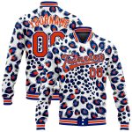 Custom Name Number 3D Leopard Print Varsity Jacket Bomber in White Orange-Royal Design Full-Snap Letterman Style Personalized
