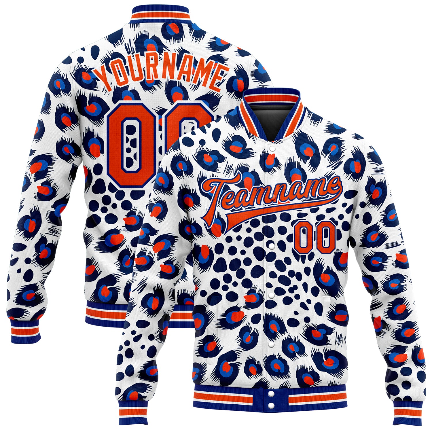 Custom Name Number 3D Leopard Print Varsity Jacket Bomber in White Orange-Royal Design Full-Snap Letterman Style Personalized