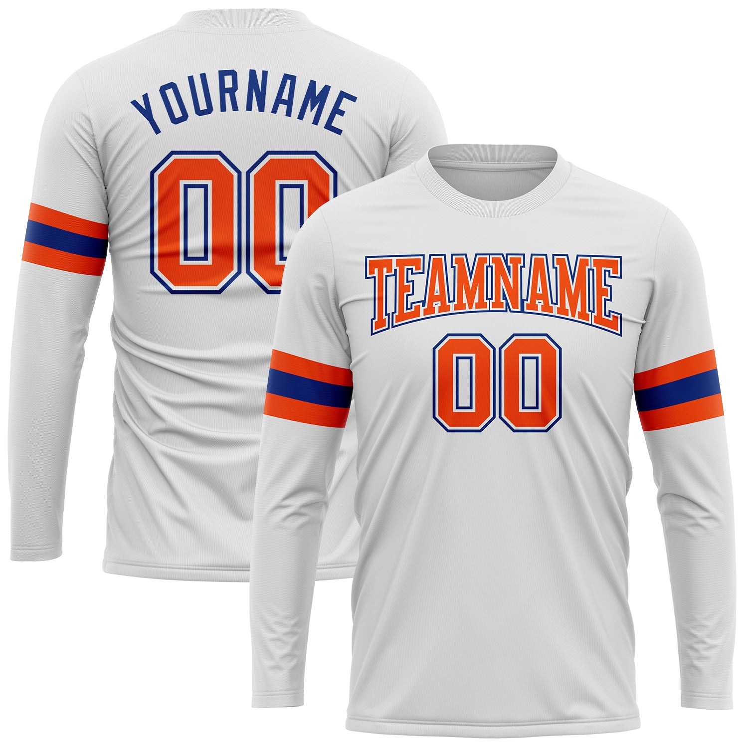 Custom Team Name Number Long Sleeve Performance T-Shirt in White Orange-Royal - Personalized Sports Apparel Personalized