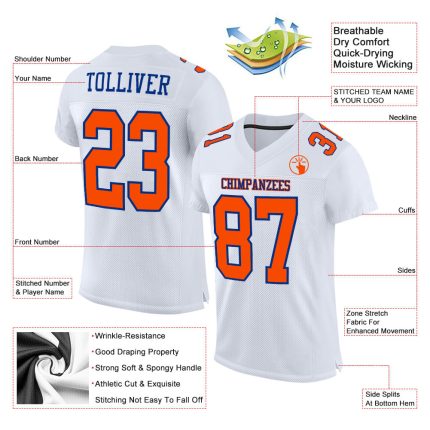 Personalized Authentic Football Jersey in White Orange-Royal Mesh Personalized White Orange-Royal Mesh Authentic Football