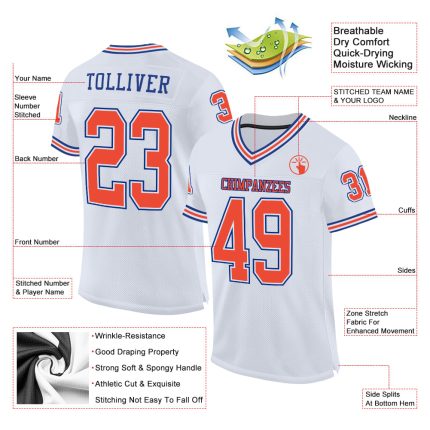 Custom Name and Number Personalized Football Jersey - White Orange-Royal Mesh Authentic Throwback Design Personalized White
