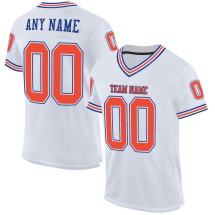 Custom Name and Number Personalized Football Jersey - White Orange-Royal Mesh Authentic Throwback Design Personalized White