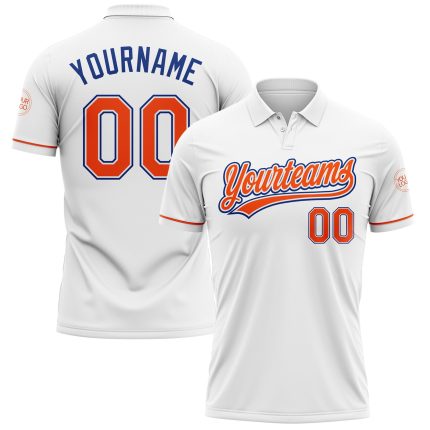 Custom Name and Number Golf Polo Shirt - Personalized Performance Vapor in White Orange-Royal Personalized White Orange-Royal