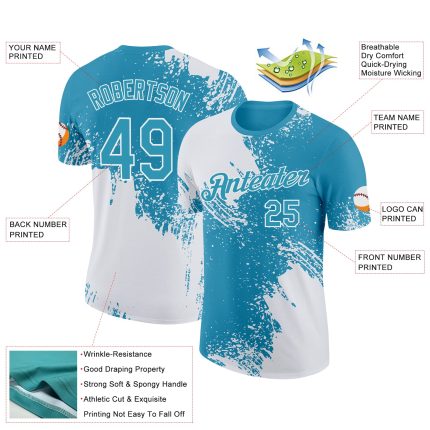 Custom Blue 3D Abstract Brush Stroke T-Shirt with Personalized Name & Number - White Panther Performance Tee Personalized