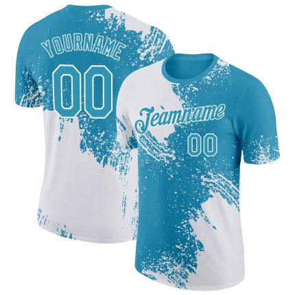 Custom Blue 3D Abstract Brush Stroke T-Shirt with Personalized Name & Number - White Panther Performance Tee Personalized