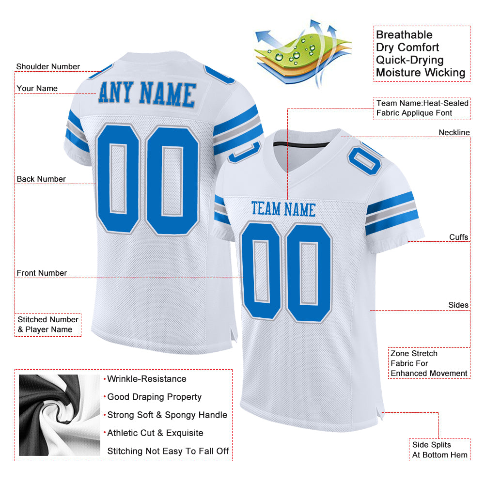 Personalized White Panther Blue-Light Gray Mesh Authentic Football Jersey Team Custom Name and Number Personalized Custom Name and Number White Panther Blue-Light Gray Football Jersey - Authentic Mesh Design Personalized White - Image 4
