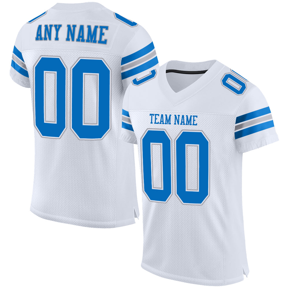 Personalized Custom Name and Number White Panther Blue-Light Gray Football Jersey - Authentic Mesh Design Personalized White